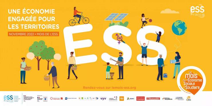 Bannière jaune avec l'inscription "ESS" en blanc pour le mois de l'ESS 2022